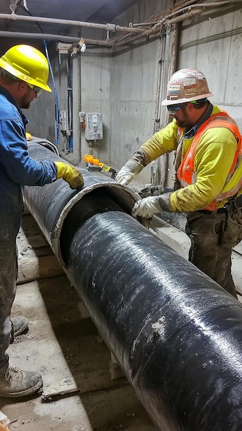 Photo workers preparing pipes for relining by cleaning