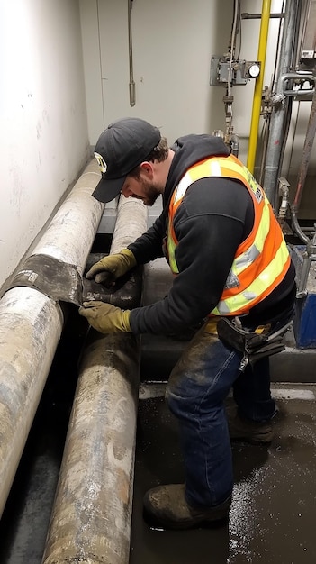 Photo workers preparing pipes for relining by cleaning