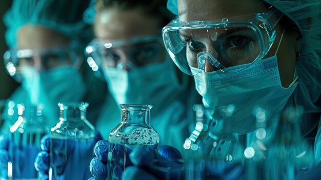 Workers in protective gear overseeing the industrial chemical production process in a large factor