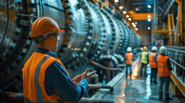 Workers in safety gear inspecting large machinery in an industrial plant emphasizing teamwork safety and industrial processes