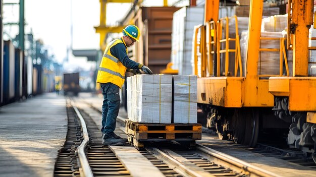 Photo workers in safety gear loading freight at a railway terminal organized and efficient operations