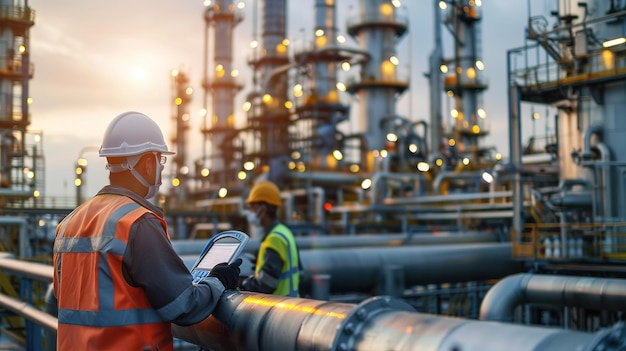 Workers in safety gear operating machinery at an oil refinery