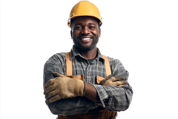 Photo workers smile on the white background happy labor day europe africa black people