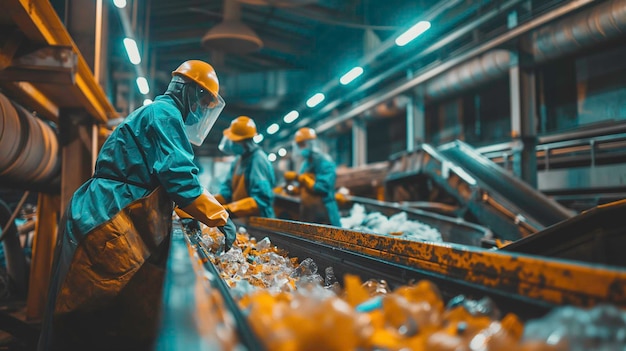 Workers sort recyclables on the conveyor of a modern waste and garbage recycling enterprise