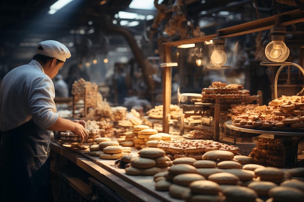 workers sorting bread on bakery factory copy space