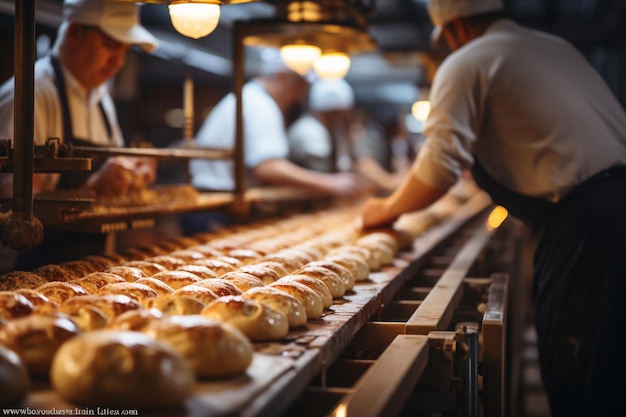 workers sorting bread on bakery factory copy space