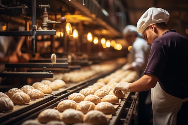 workers sorting bread on bakery factory copy space