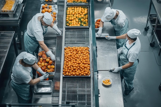 Photo workers sorting and packing fresh fruit on a conveyor belt in a factory