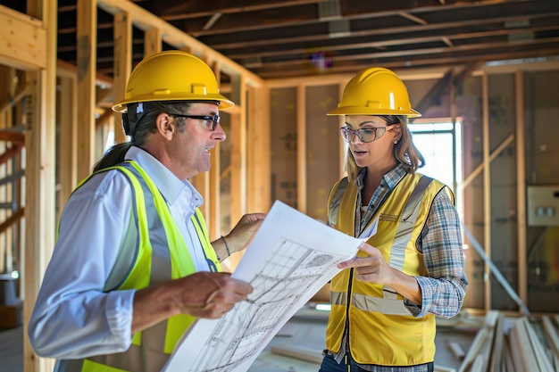 Workers talking at construction site reviewing plans Two workers talking at a construction site loo