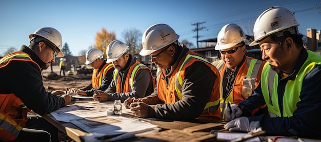 workers together on construction site various tasks highway construction project Generated with AI