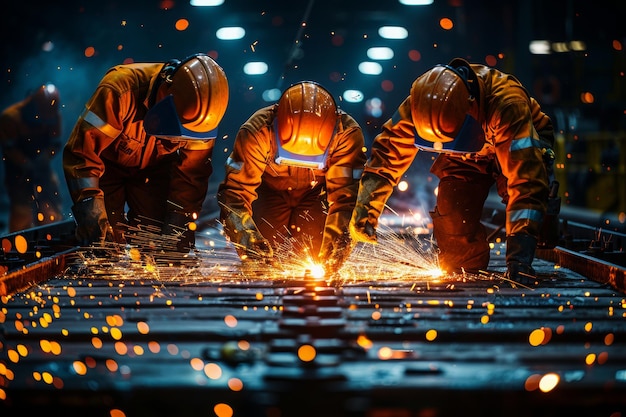 workers in uniform and protective masks are welding the structure on the construction AI generated