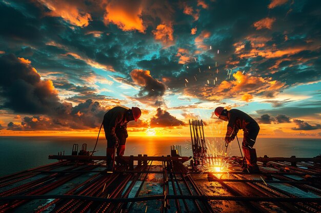 workers in uniform and protective masks are welding the structure on the construction AI generated