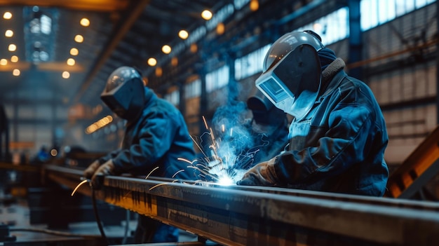 workers in uniform and protective masks are welding the structure on the construction