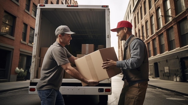 Workers unloading boxes from van outdoors Moving service Created with Generative AI technology