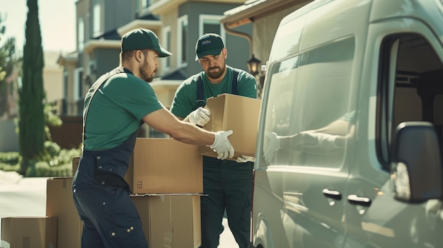 Photo the workers unloading boxes