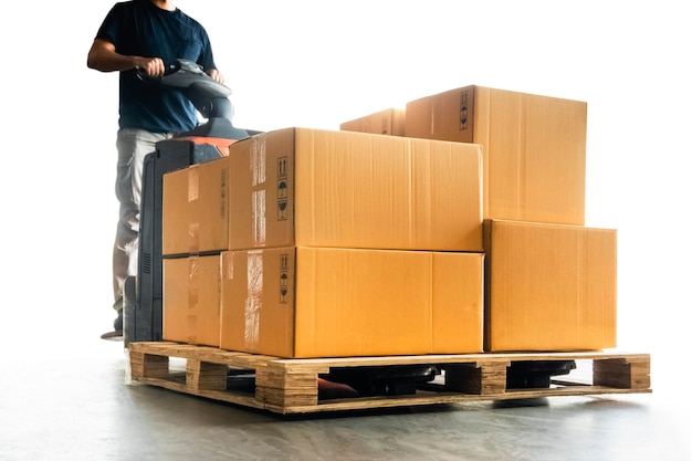 Workers Unloading Packaging Boxes on Pallets Shipment Boxes Supplies Warehouse Logistics