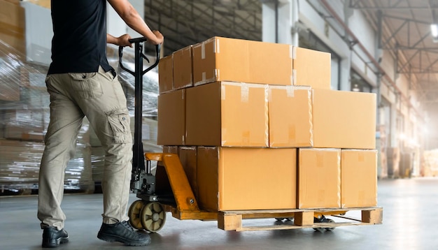 Workers Unloading Packaging Boxes on Pallets to The Warehouse Shipment Boxes Supplies Warehouse