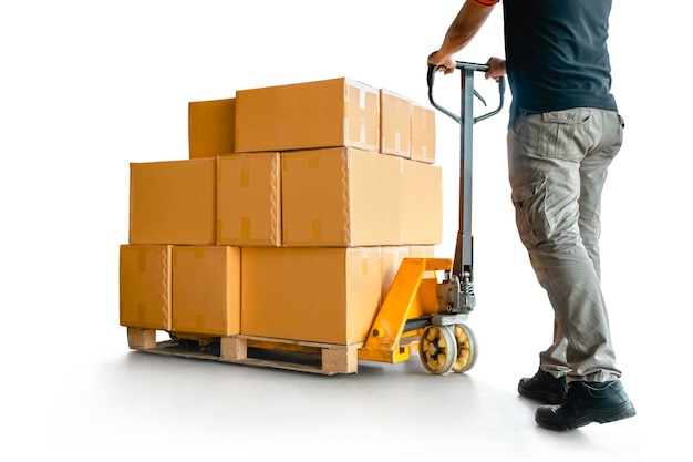 Workers Using Hand Pallet Truck Unloading Packaging Boxes on Pallet Isolated on White Background