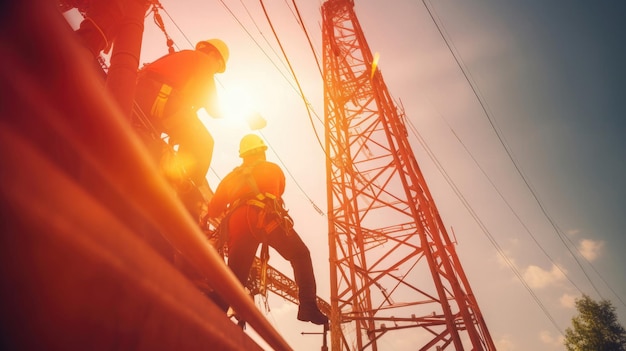 Workers wearing fall safety suits installing cables on high voltage pylons Generative Ai