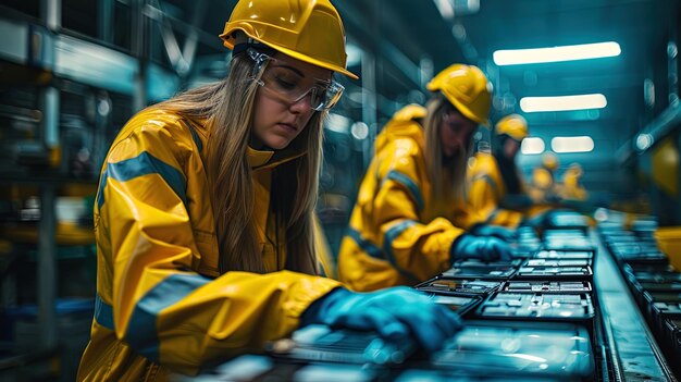 Workers wearing protective gear handling batteries for safe dismantling and recy