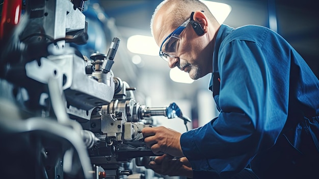 Workers wearing safety goggles control lathe machines to drill components Metal lathe industrial manufacturing factory