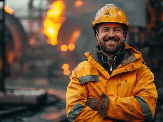 Workers wearing safety helmets in the steel plant workshop