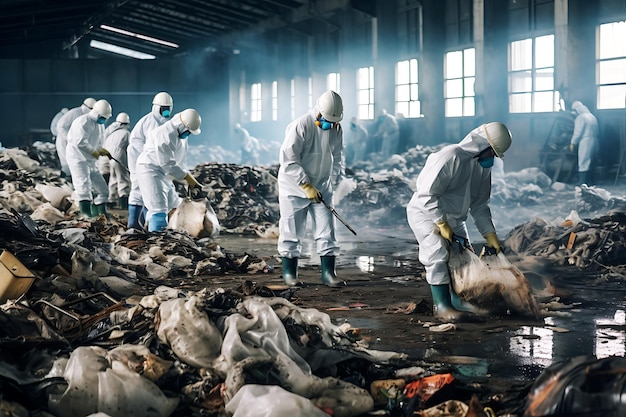 Workers in white uniforms and protective masks clean and sort garbage in a warehouse