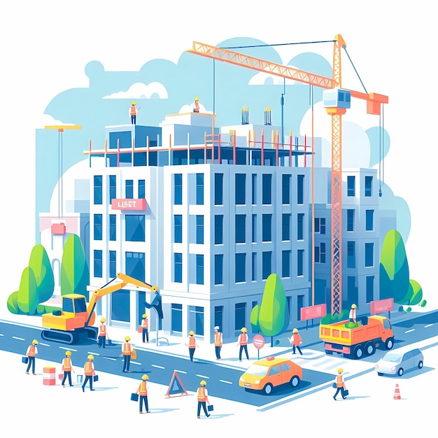 Workers working on construction site modern flat vector illustration