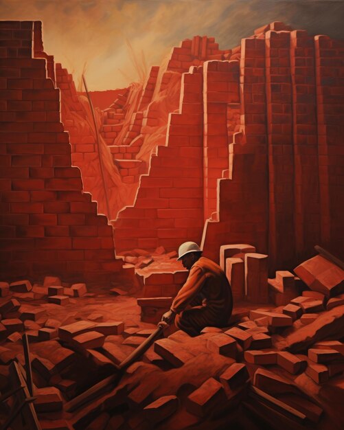 workers working in a space filled with red bricks