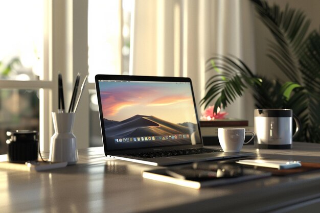 Workfromhome setup with laptop and coffee