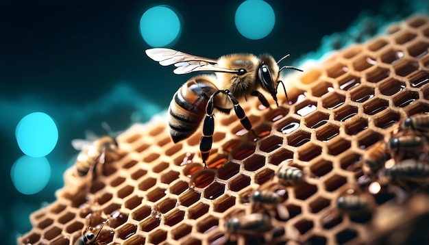 Working bee filling honey combs focus close up