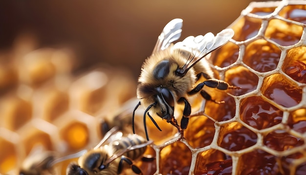 Working bee filling honey combs focus close up