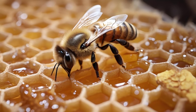 Working bee filling honey combs focus close up