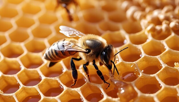 Working bee filling honey combs focus close up