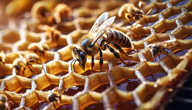 Working bee filling honey combs focus close up