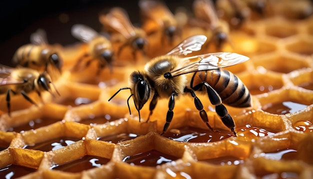 Working bee filling honey combs focus close up