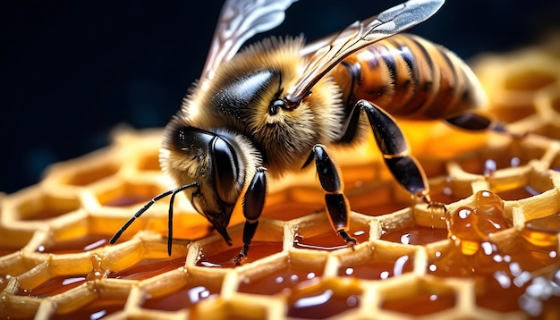 Working bee filling honey combs focus close up