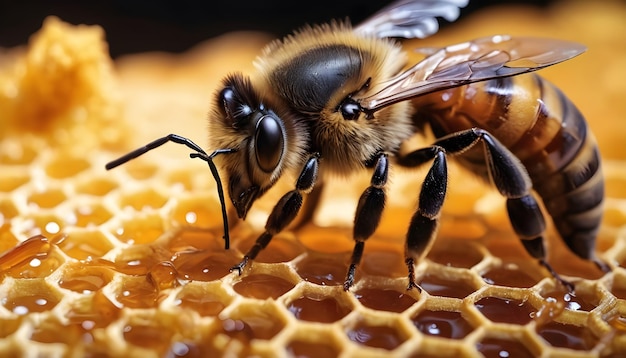 Working bee filling honey combs focus close up