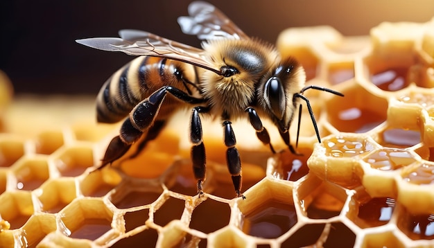 Working bee filling honey combs focus close up