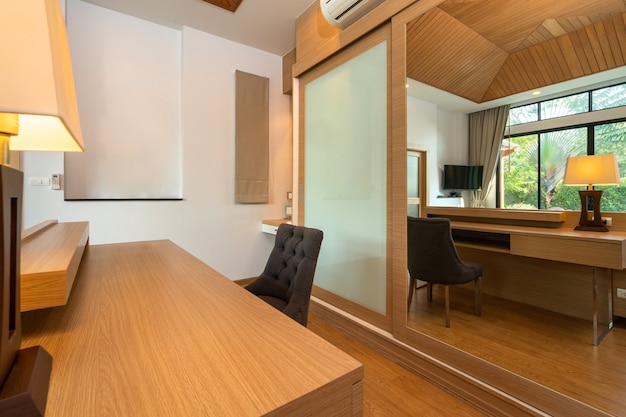 Working desk in spacious living room