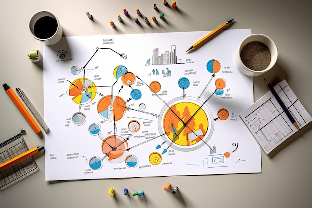 Working drawings and graphs on the desktop plans and project analysis generative AI