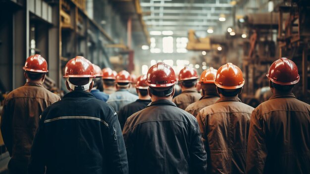 Photo working helmets at the factory rear view group of workers industrial enterprise ai generative