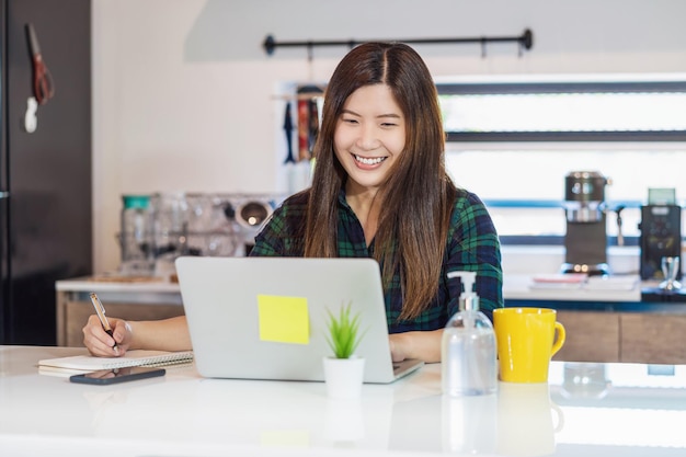 Working at home in Covid19 pandemic concept Asian woman working at home