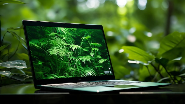 Working at home garden laptop surrounded with green leafy potted plants front view of the screen