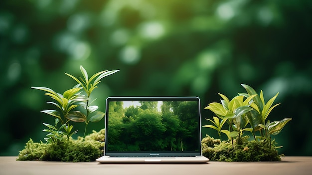 Working at home garden laptop surrounded with green leafy potted plants front view of the screen