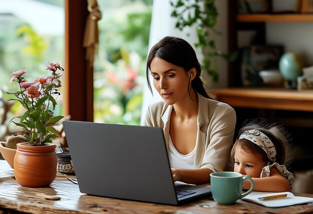 Photo a working mom balances freelance work and quality time with her child in a home office