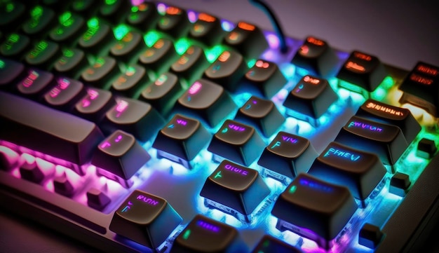 Working on a neon computer keyboard with colored backlighting Computer video games hacking technology internet concept Selected focus Generate Ai