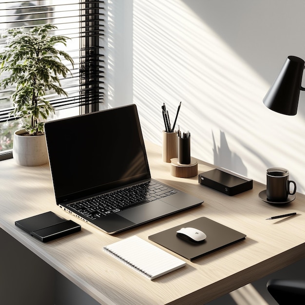 The working office icon on background with different working equipment items commuter desk and note