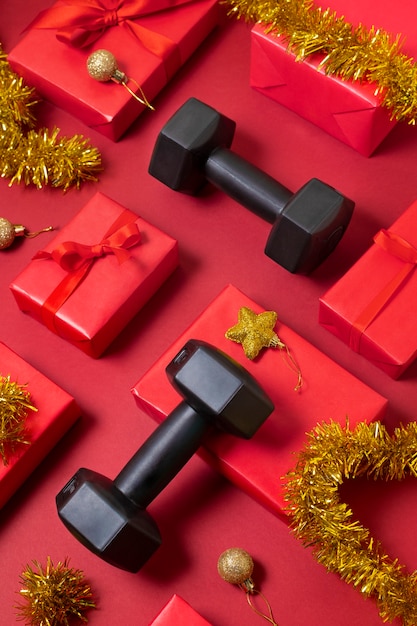 Working out equipment with christmas theme and decorations