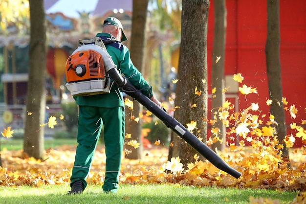 Working in the Park removes leaves with a blower
